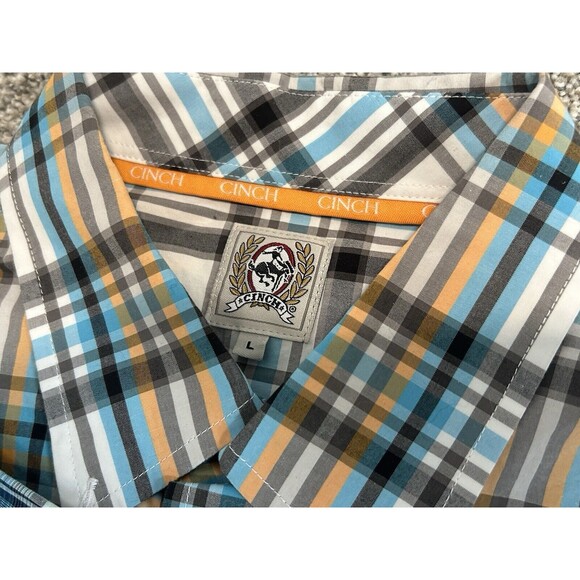 Cinch Men's Large Short Sleeve Button Shirt LOT of 2 Blue Green Orange Plaid - Picture 2 of 13